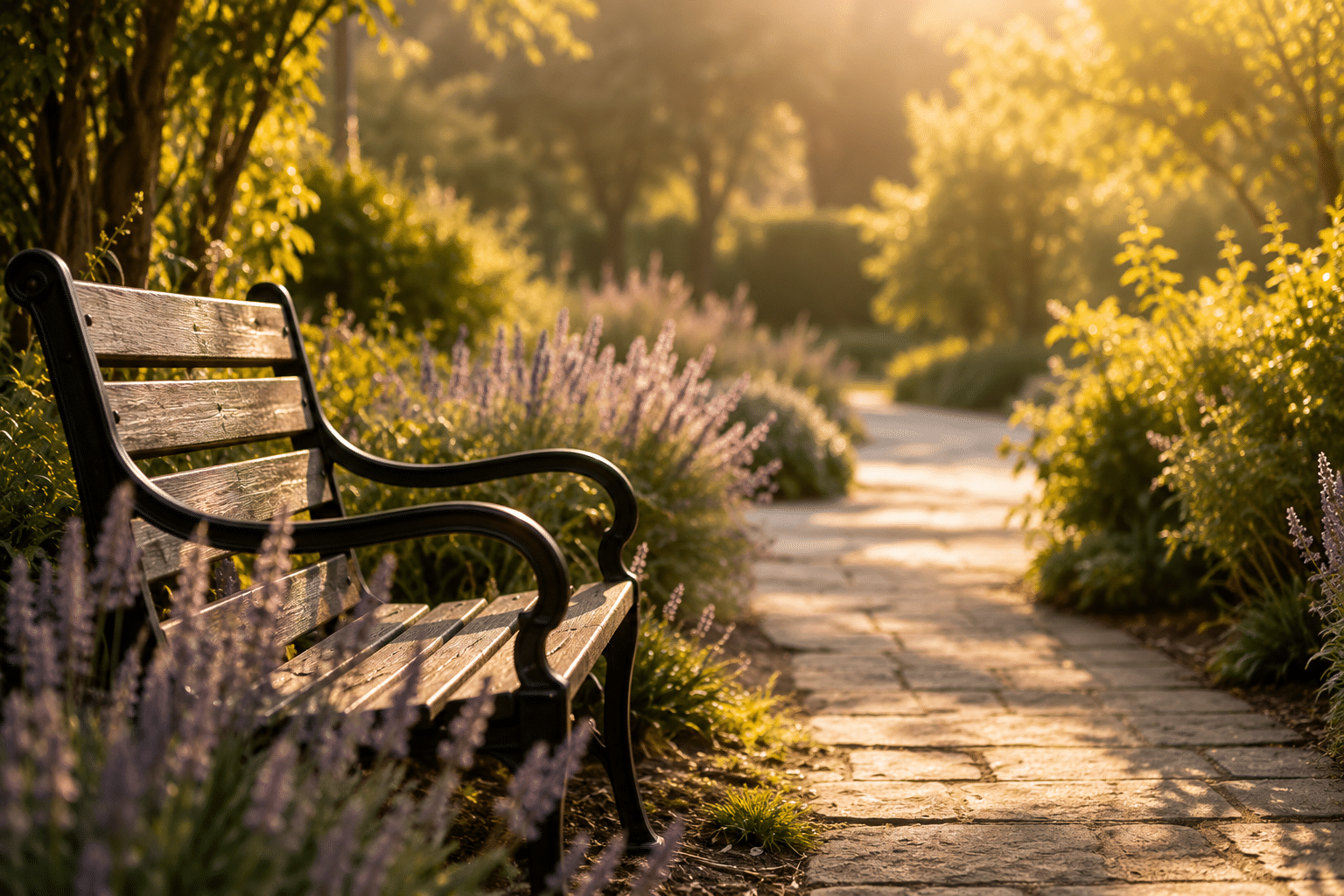 Peaceful garden path with bench